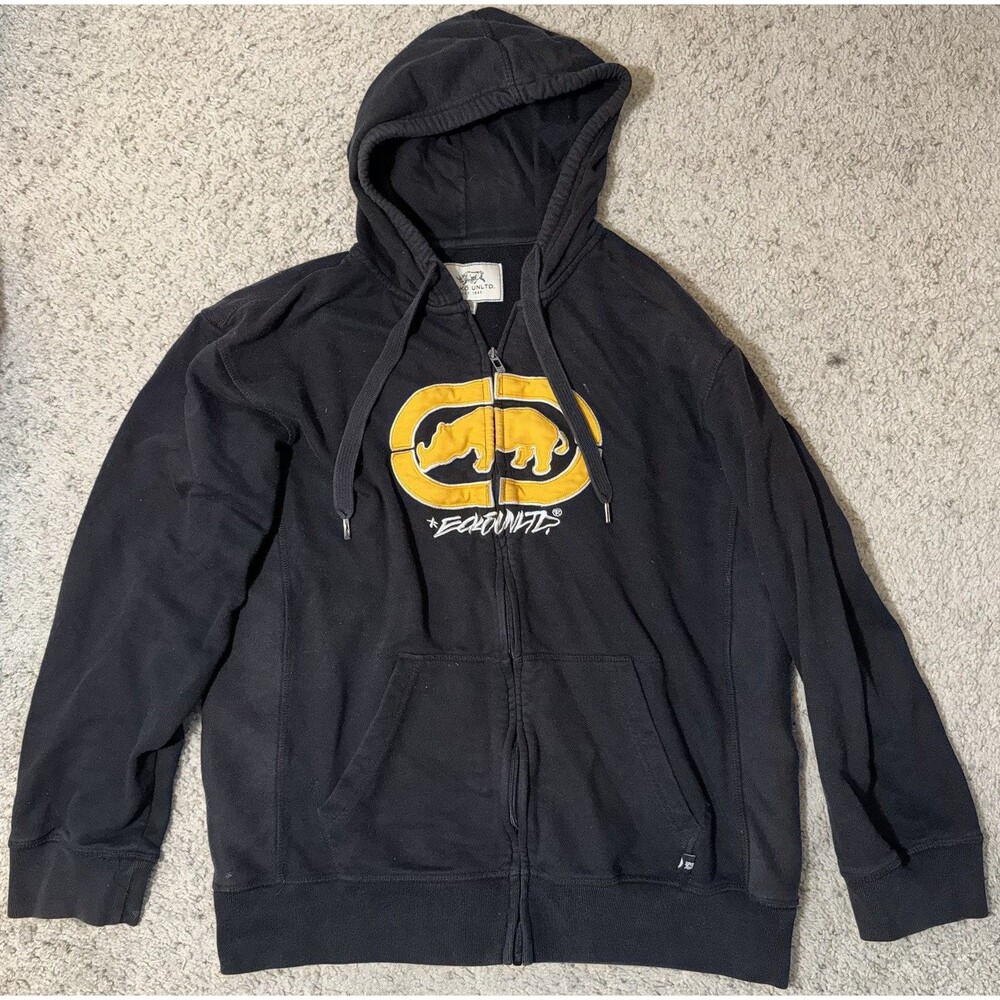 Ecko Unltd Full Zip Hoodie XXL Black Embroidered Logo Y2K Heavyweight